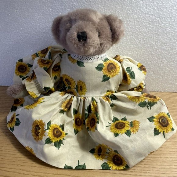 Jointed Brown Craft Bear Plush with Sunflower Dress Stuffed Animal 12.5” Toy - Picture 1 of 9